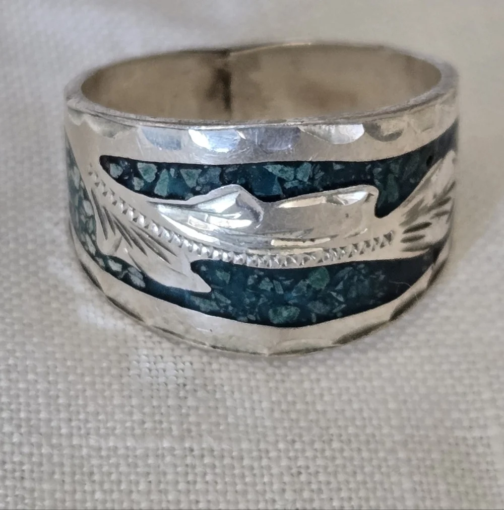Ring 925 Sterling Torquoise Chips Pre Ownwed